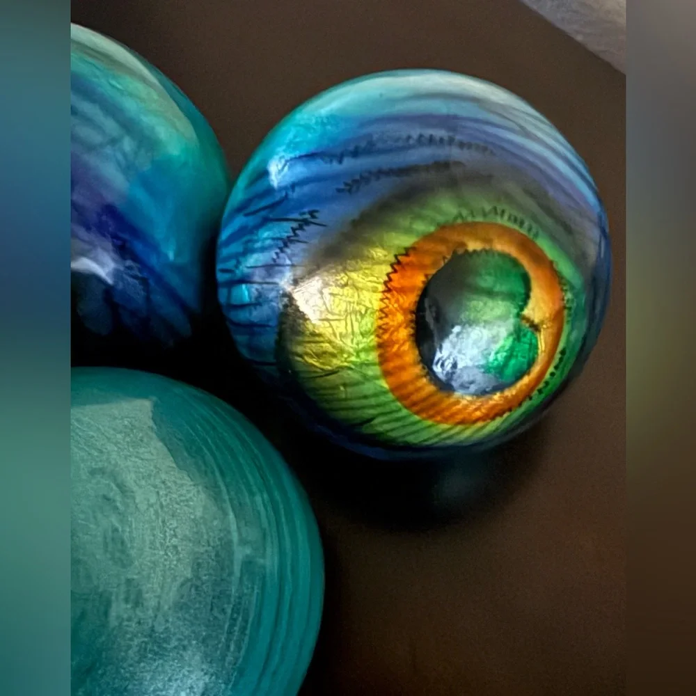 Pier 1 Peacock Orb Sphere Set | Teal Multi Color Decorative Balls Set of 3 | 4”